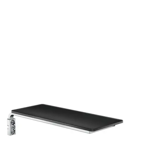 Schwarze Ablage von Hansgrohe mit einer glatten Oberfläche, montiert an einem linken Befestigungselement in Chromoptik.